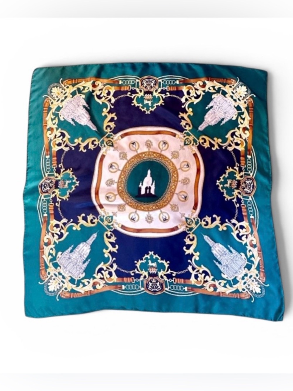 Silk Foulard Vintage Scarf w/Classic Baroque Equestrian Imagery. Very Rare.